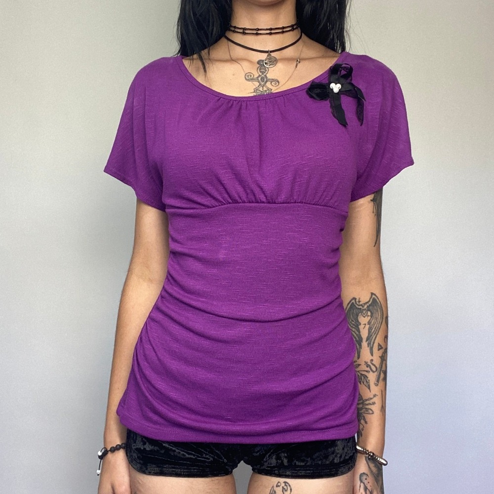 Y2K A. Byer Purple Slub Knit Empire Waist Bow Coquette Dolman Office Siren Top M